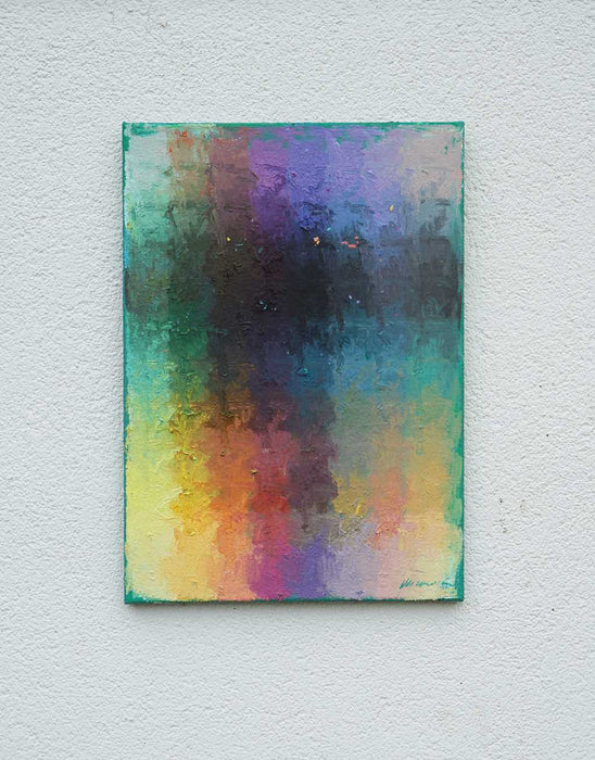 Output 10 von Mark Hellbusch – abstraktes Ölgemälde mit strukturierter Oberfläche in Grün, Gelb, Violett, Blau und Orange, 50 × 70 cm