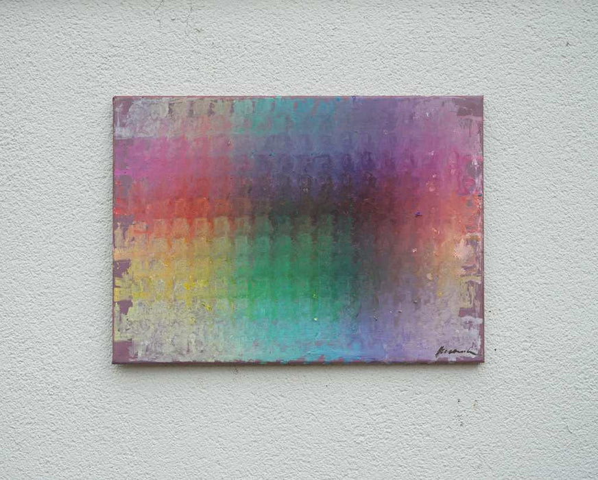 Output 11 von Mark Hellbusch – moderne abstrakte Malerei mit bunten Farbfeldern in Violett, Grün, Türkis, Rot und Gelb, Öl auf Leinwand, 70 × 50 cm
