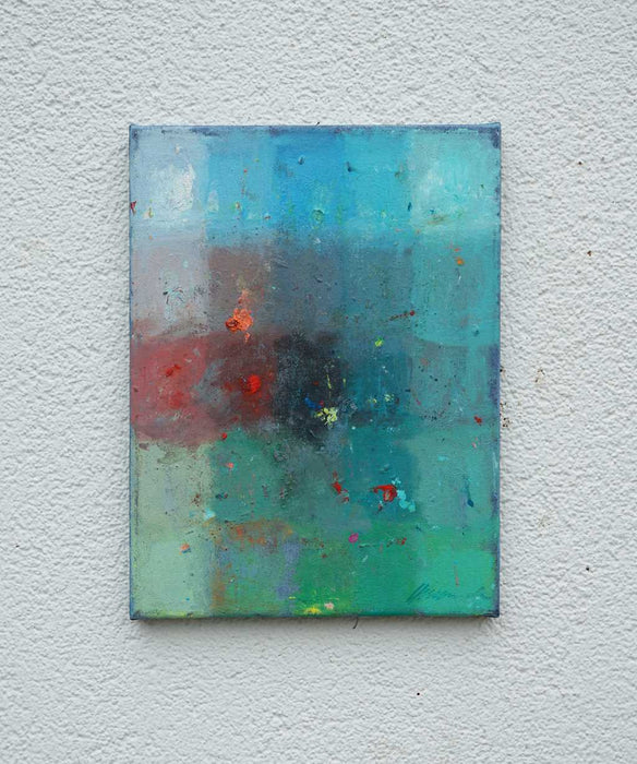Output 4 von Mark Hellbusch – abstraktes Ölgemälde in Blau, Türkis, Grün und Rot mit offenen Farbfeldern, 40 × 30 cm