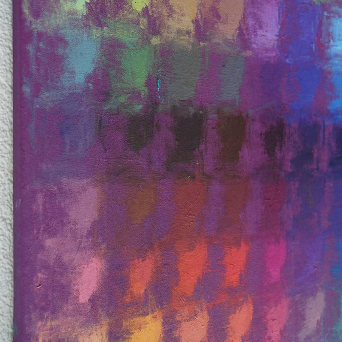 Output 7 (Seitenperspektive) von Mark Hellbusch, farbenfrohes abstraktes Ölgemälde mit Farbfeldern in Violett, Pink, Orange, Türkis, Grün und Gelb, 60 × 80 cm