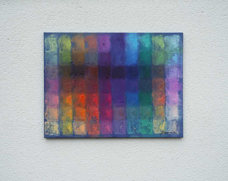 Output 8 von Mark Hellbusch – buntes abstraktes Ölgemälde mit Farbfeldern in Blau, Violett, Grün, Rot und Orange, 60 × 80 cm