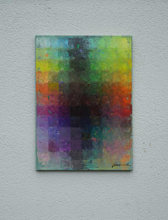 Output 9 von Mark Hellbusch – abstraktes Ölgemälde mit Farbfeldern in Grün, Gelb, Orange, Violett und Türkis, 50 × 70 cm