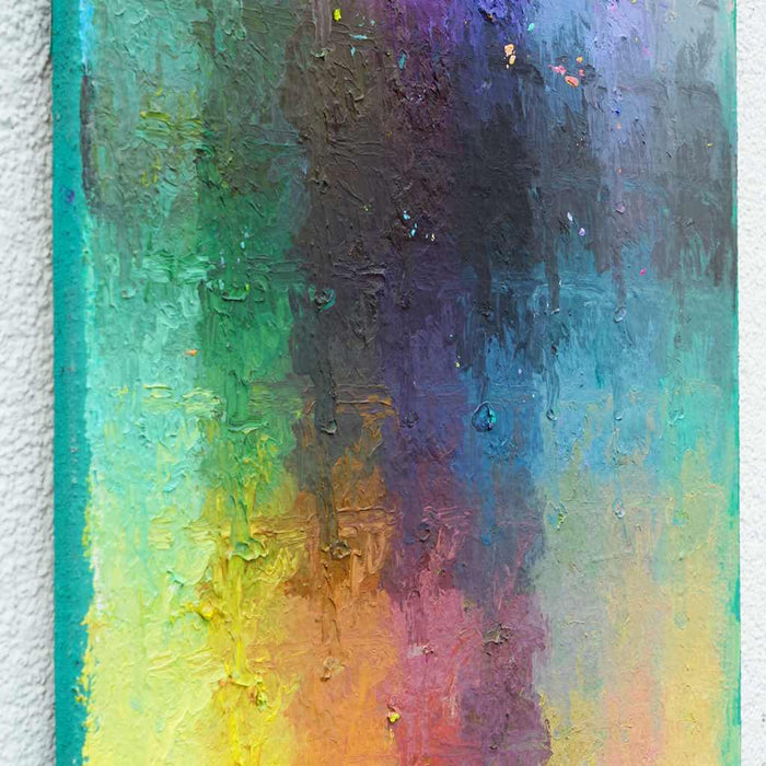 Output 10 (Seite) von Mark Hellbusch – abstraktes Ölgemälde mit strukturierter Oberfläche in Grün, Gelb, Violett, Blau und Orange, 50 × 70 cm