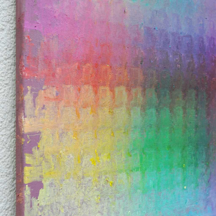Output 11 (Seitenansicht) von Mark Hellbusch – moderne abstrakte Malerei mit bunten Farbfeldern in Violett, Grün, Türkis, Rot und Gelb, Öl auf Leinwand, 70 × 50 cm