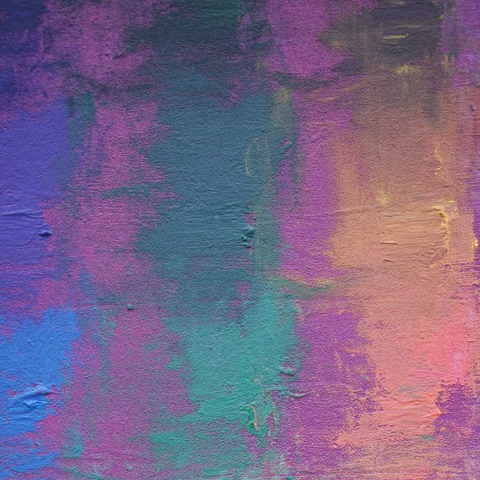 Output 7 (Detail) von Mark Hellbusch, farbenfrohes abstraktes Ölgemälde mit Farbfeldern in Violett, Pink, Orange, Türkis, Grün und Gelb, 60 × 80 cm