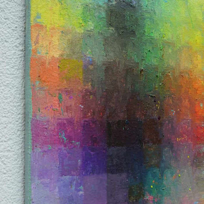 Output 9 (Seite) von Mark Hellbusch – abstraktes Ölgemälde mit Farbfeldern in Grün, Gelb, Orange, Violett und Türkis, 50 × 70 cm