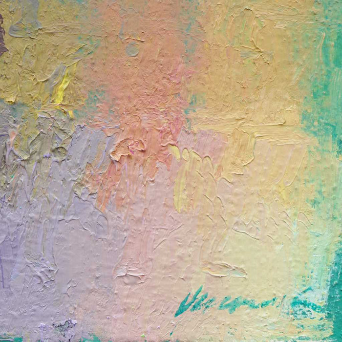 Output 10 (Sig) von Mark Hellbusch – abstraktes Ölgemälde mit strukturierter Oberfläche in Grün, Gelb, Violett, Blau und Orange, 50 × 70 cm