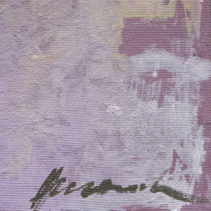 Output 11 (Signatur) von Mark Hellbusch – moderne abstrakte Malerei mit bunten Farbfeldern in Violett, Grün, Türkis, Rot und Gelb, Öl auf Leinwand, 70 × 50 cm