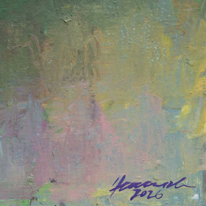 Output 12 (Detail) von Mark Hellbusch – abstraktes Gemälde in Violett, Grün, Türkis und Blau, Öl auf Leinwand, 70 × 50 cm, 2026