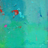 Output 4 (Signatur) von Mark Hellbusch – abstraktes Ölgemälde in Blau, Türkis, Grün und Rot mit offenen Farbfeldern, 40 × 30 cm