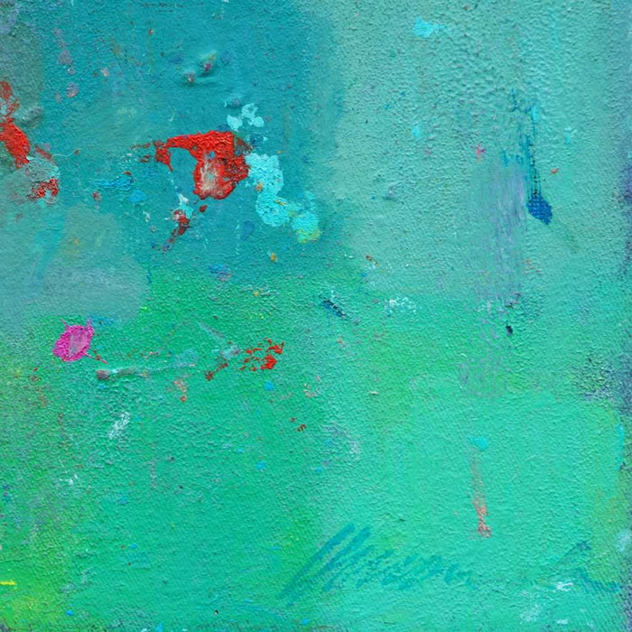 Output 4 (Signatur) von Mark Hellbusch – abstraktes Ölgemälde in Blau, Türkis, Grün und Rot mit offenen Farbfeldern, 40 × 30 cm