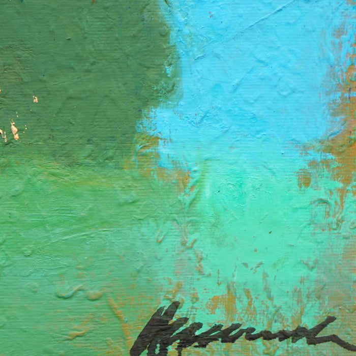 Output 5 (Sig) von Mark Hellbusch, quadratisches abstraktes Ölgemälde mit Farbfeldern in Grün, Türkis, Rot, Schwarz und Ocker, 50 × 50 cm