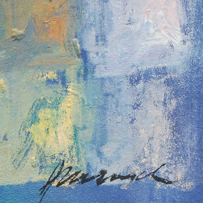 Output 8 (Sig) von Mark Hellbusch – buntes abstraktes Ölgemälde mit Farbfeldern in Blau, Violett, Grün, Rot und Orange, 60 × 80 cm