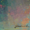 Output 9 (Sig) von Mark Hellbusch – abstraktes Ölgemälde mit Farbfeldern in Grün, Gelb, Orange, Violett und Türkis, 50 × 70 cm