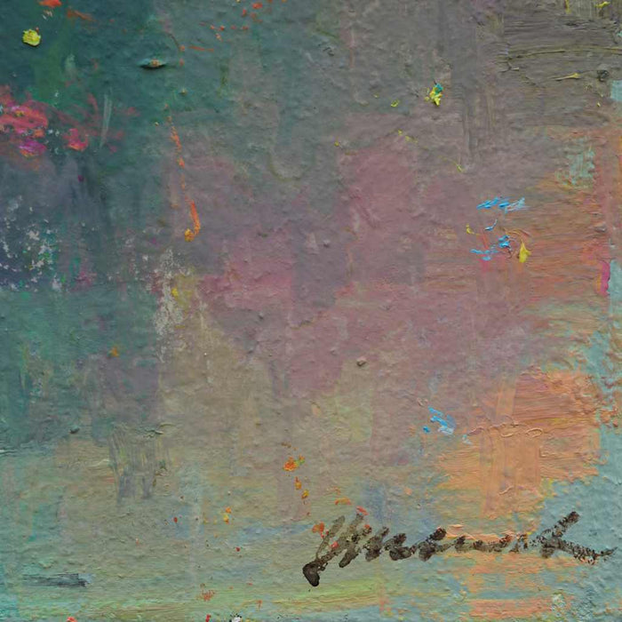 Output 9 (Sig) von Mark Hellbusch – abstraktes Ölgemälde mit Farbfeldern in Grün, Gelb, Orange, Violett und Türkis, 50 × 70 cm