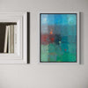 Output 4 (in situ) von Mark Hellbusch – abstraktes Ölgemälde in Blau, Türkis, Grün und Rot mit offenen Farbfeldern, 40 × 30 cm