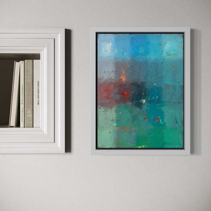 Output 4 (in situ) von Mark Hellbusch – abstraktes Ölgemälde in Blau, Türkis, Grün und Rot mit offenen Farbfeldern, 40 × 30 cm