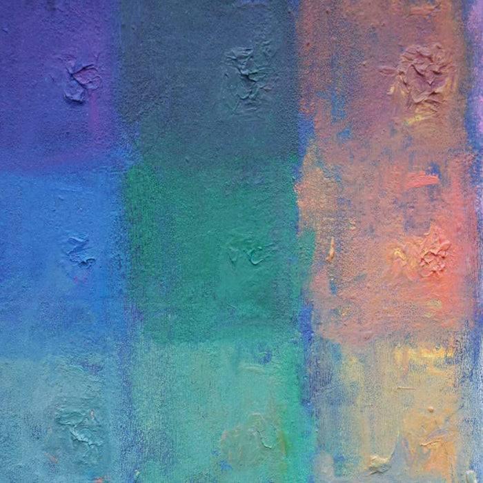 Output 8 (Detail) von Mark Hellbusch – buntes abstraktes Ölgemälde mit Farbfeldern in Blau, Violett, Grün, Rot und Orange, 60 × 80 cm