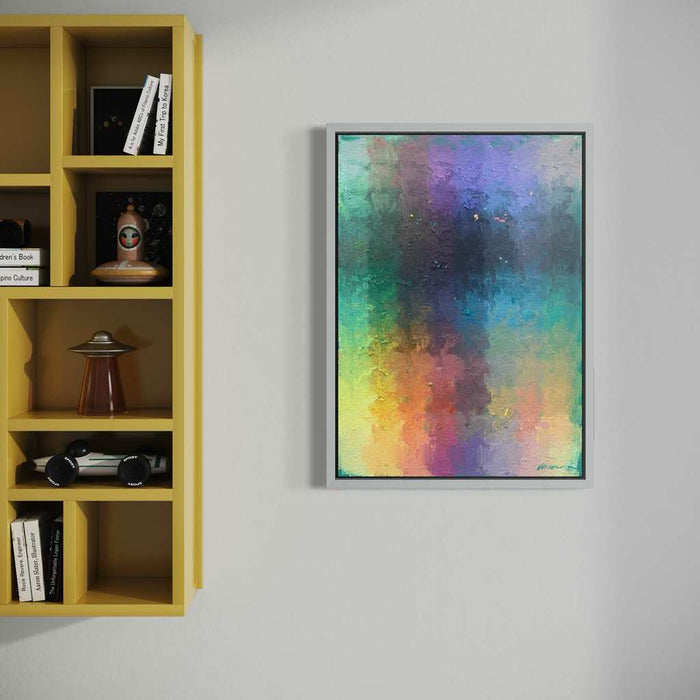 Output 9 (in situ) von Mark Hellbusch – abstraktes Ölgemälde mit Farbfeldern in Grün, Gelb, Orange, Violett und Türkis, 50 × 70 cm