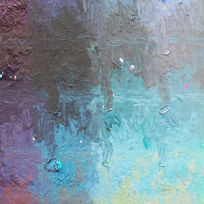 Output 10 (Details) von Mark Hellbusch – abstraktes Ölgemälde mit strukturierter Oberfläche in Grün, Gelb, Violett, Blau und Orange, 50 × 70 cm