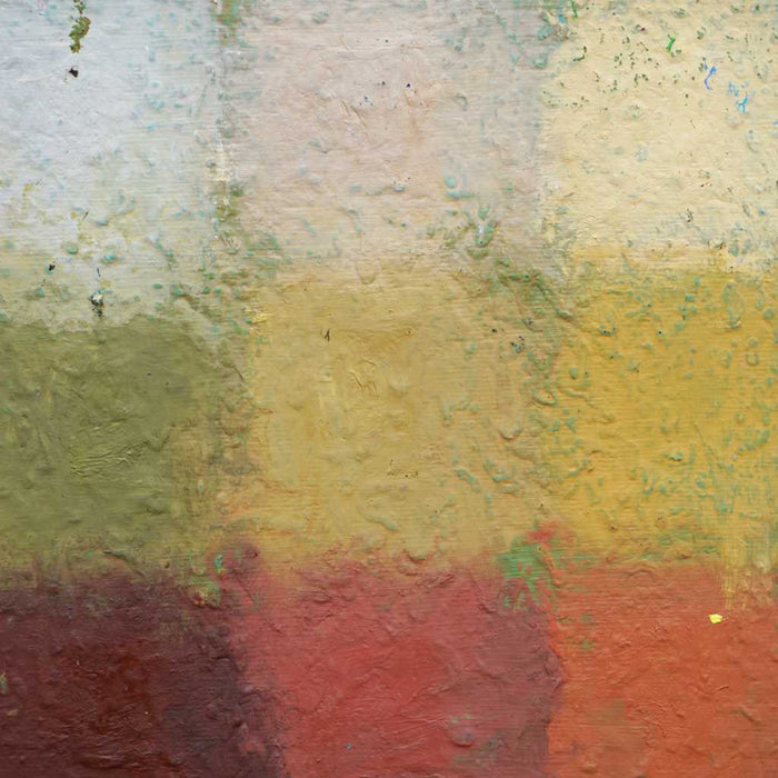 Output 5 (Ausschnitt) von Mark Hellbusch, quadratisches abstraktes Ölgemälde mit Farbfeldern in Grün, Türkis, Rot, Schwarz und Ocker, 50 × 50 cm