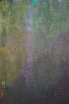 Output 6 (Detail) von Mark Hellbusch, abstraktes Ölgemälde in Schwarz, Anthrazit und Violett mit grünen und orangefarbenen Farbspuren, 80 × 60 cm