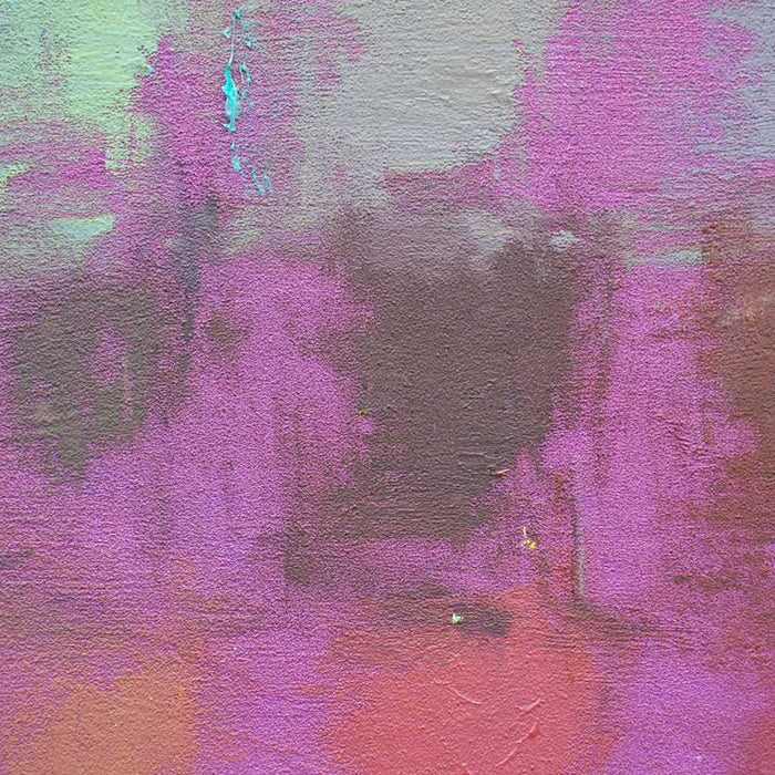 Output 7 (Detail) von Mark Hellbusch, farbenfrohes abstraktes Ölgemälde mit Farbfeldern in Violett, Pink, Orange, Türkis, Grün und Gelb, 60 × 80 cm