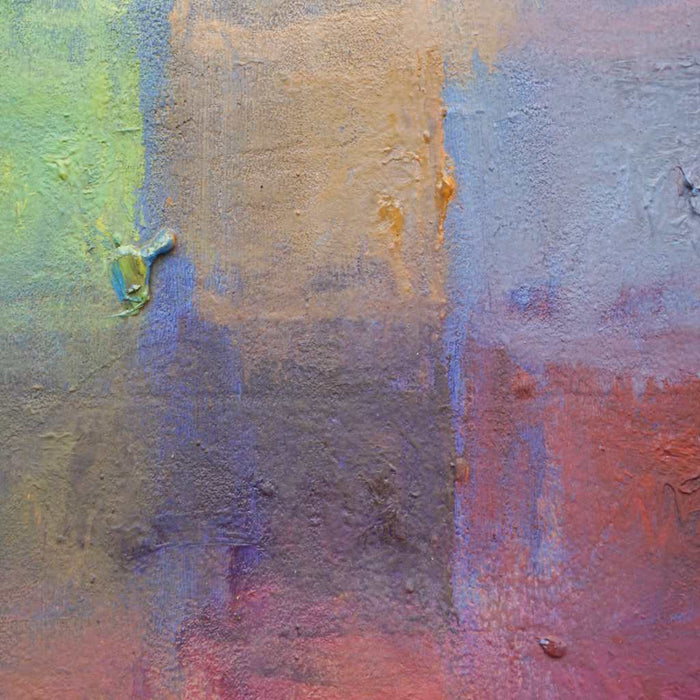Output 8 (Detail) von Mark Hellbusch – buntes abstraktes Ölgemälde mit Farbfeldern in Blau, Violett, Grün, Rot und Orange, 60 × 80 cm