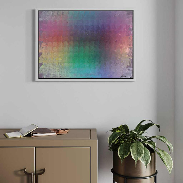 Output 11 (in situ) von Mark Hellbusch – moderne abstrakte Malerei mit bunten Farbfeldern in Violett, Grün, Türkis, Rot und Gelb, Öl auf Leinwand, 70 × 50 cm