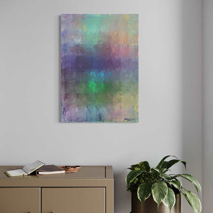 Output 12 (in situ) von Mark Hellbusch – abstraktes Gemälde in Violett, Grün, Türkis und Blau, Öl auf Leinwand, 70 × 50 cm, 2026