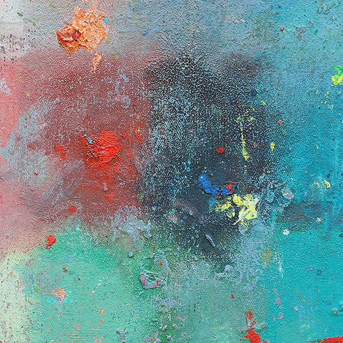 Output 4 (Ausschnitt) von Mark Hellbusch – abstraktes Ölgemälde in Blau, Türkis, Grün und Rot mit offenen Farbfeldern, 40 × 30 cm