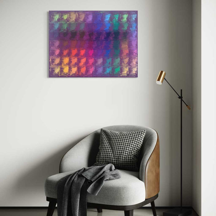 Output 7 (in situ) von Mark Hellbusch, farbenfrohes abstraktes Ölgemälde mit Farbfeldern in Violett, Pink, Orange, Türkis, Grün und Gelb, 60 × 80 cm