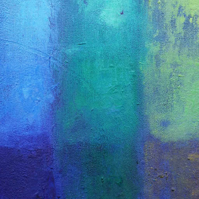 Output 8 (Detail) von Mark Hellbusch – buntes abstraktes Ölgemälde mit Farbfeldern in Blau, Violett, Grün, Rot und Orange, 60 × 80 cm