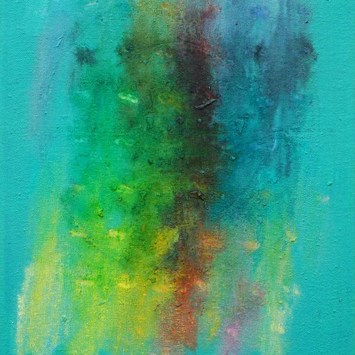 Output 1 (Ausschnitt) von Mark Hellbusch, abstraktes Gemälde in Türkis, Grün, Blau und Gelb, Öl auf Leinwand, 40 × 30 cm