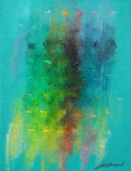 Output 1 von Mark Hellbusch, abstraktes Gemälde in Türkis, Grün, Blau und Gelb, Öl auf Leinwand, 40 × 30 cm