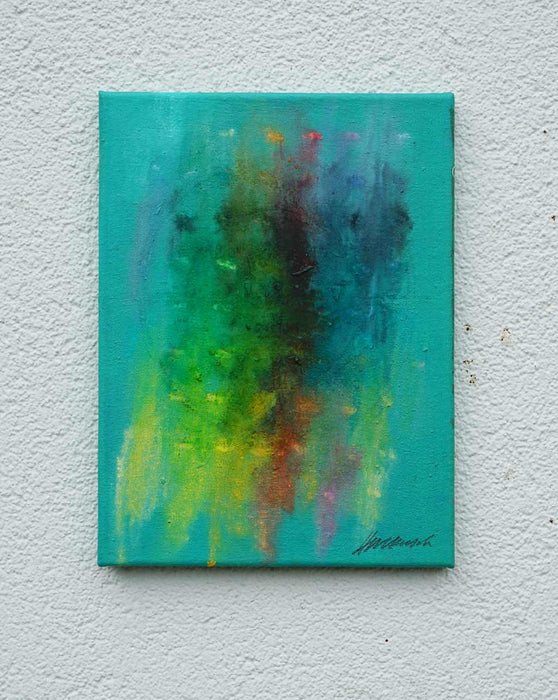 Output 1 von Mark Hellbusch, abstraktes Gemälde in Türkis, Grün, Blau und Gelb, Öl auf Leinwand, 40 × 30 cm