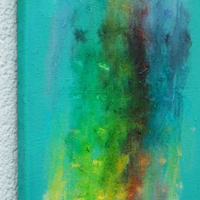 Output 1 (Seitenperspektive) von Mark Hellbusch, abstraktes Gemälde in Türkis, Grün, Blau und Gelb, Öl auf Leinwand, 40 × 30 cm