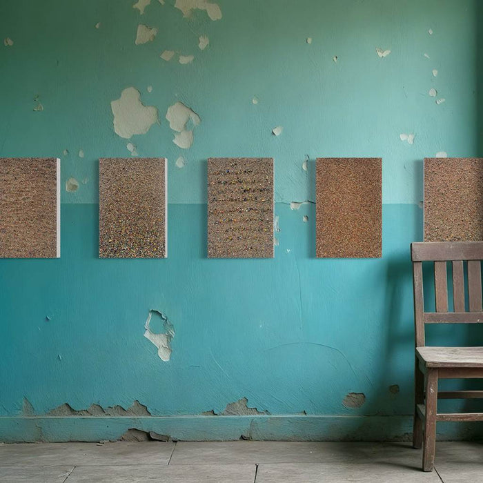 Detailreiches abstraktes Kunstwerk mit farbigem Sand und Pigmenten – Marsfeld CXXX, Hochformat 33 × 50 cm (Beispiel Präsentation). Atelier Hellbusch.