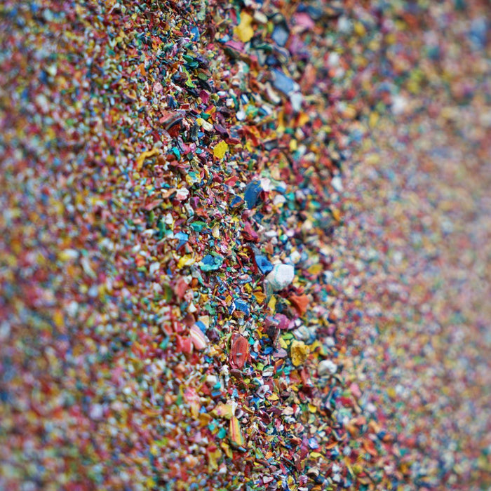 Abstraktes Gemälde „Marsfeld CXXXXI“ mit runder, zentrierter Struktur aus Farbresten auf Leinwand (30 × 40 cm, Nahaufnahme). Atelier Hellbusch