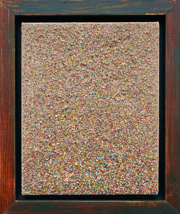 Abstraktes Kunstwerk „Marsfeld XCVI“, 30x24 cm, entstanden aus Farbresten in dichten Farbschichten. Inspiriert von natürlichen Strukturen und Prozessen (gerahmt). Atelier Hellbusch.