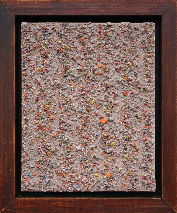 Marsfeld XCVII, 30x24 cm, abstraktes Kunstwerk aus Farbresten von atelier hellbusch. Feine Farbpunkte und organische Texturen ergeben eine lebendige Komposition für Sammler:innen (gerahmt).