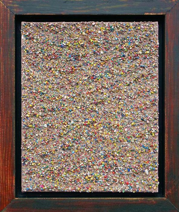Abstraktes Gemälde „Marsfeld XCVIII“, 30x24 cm, aus bunten Farbresten mit sandiger Struktur und dichter Körnung, 2019 – aus dem Atelier Hellbusch