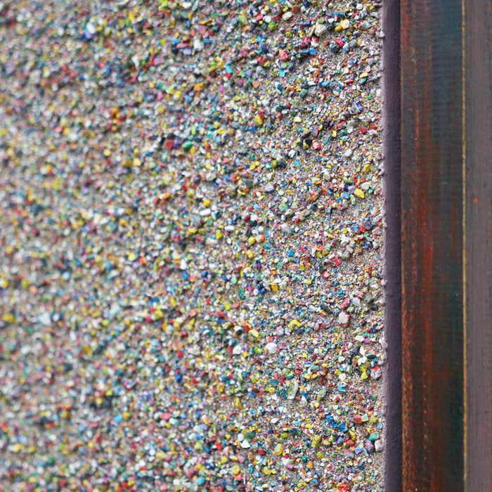 Abstraktes Gemälde „Marsfeld XCVIII“, 30x24 cm, aus bunten Farbresten mit sandiger Struktur und dichter Körnung, 2019 – aus dem Atelier Hellbusch (Nahaufnahme).