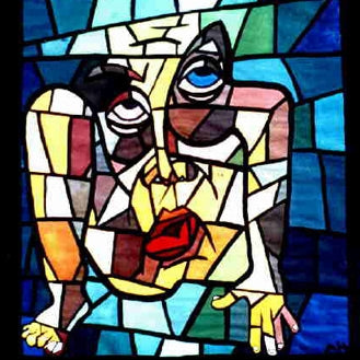 rEvolution – Acrylmalerei in Glasfenster-Stil, bunte Fragmentierung einer Figur, Schriftzug „rEvolution“, Jugendwerk 1988, Atelier Hellbusch.