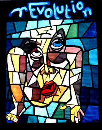 rEvolution – Acrylmalerei in Glasfenster-Stil, bunte Fragmentierung einer Figur, Schriftzug „rEvolution“, Jugendwerk 1988, Atelier Hellbusch.