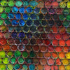 Großes, buntes Kunstobjekt für die Wand „RE 15“ mit plastischen Farbkreisen auf 123x123x10 cm. Wandskulptur hinter Plexiglas aus der Serie „Reste eines Experiments“. Künstler Mark Hellbusch, 2024.