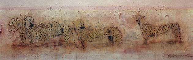 Redwind and Cheetahs – Panorama Gemälde mit Geparden in fossiler Ölmalerei, warme Farbtöne, abstrakte Tierkunst, Atelier Hellbusch