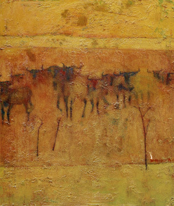 Redwind and Gnus – Ölbild 2004, afrikanische Gnu-Herde in erdigen Rot- und Gelbtönen, fossile Maltechnik, expressive Tiermalerei, Atelier Hellbusch.