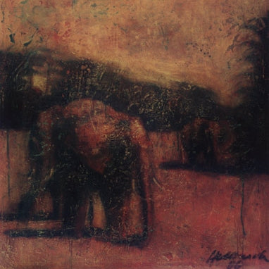 Redwind and Elephants – Ölmalerei 2006, Elefanten in roter und brauner Farbgebung, fossile Technik mit haptischer Oberfläche, monumentale Tierdarstellung, Atelier Hellbusch.