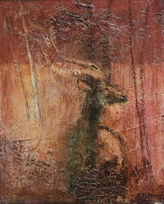 Redwind and Kudu – Ölgemälde in fossiler Maltechnik, Kudu im Wald in Rotbraun, afrikanische Tiermalerei, expressive Kunst, Atelier Hellbusch.